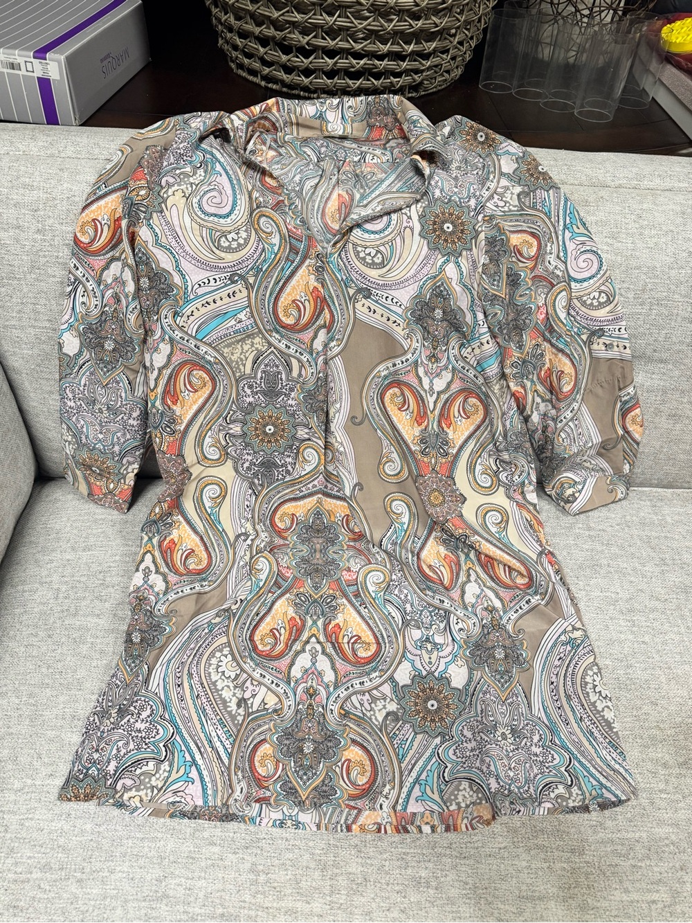 Joan Vass Paisley Midi Dress in Beige, Teal, Orange and Cream